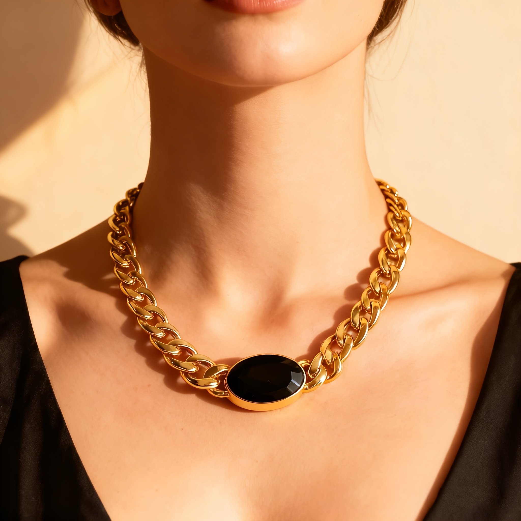 Trendy Black Oval Stainless Steel Ladies Necklace